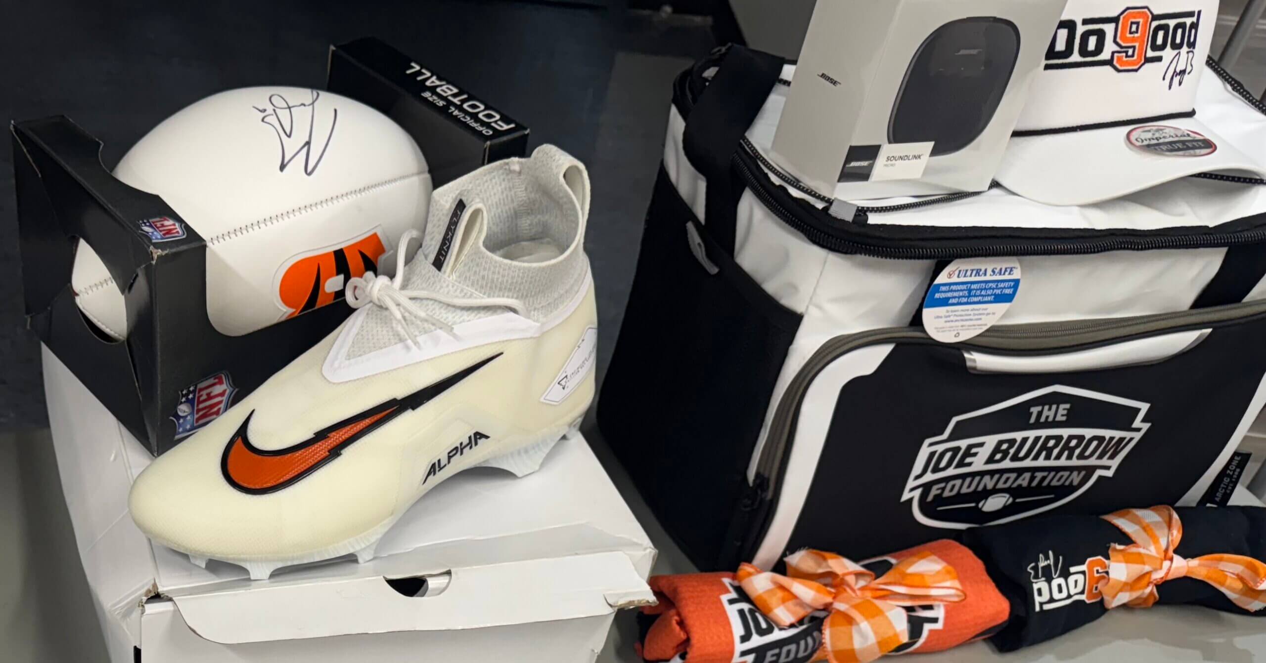 Horizon Hope and the Horizon Hope Foundation donated custom cleats worn by Horizon Hope, an autographed football and curated JBF Gift Basket to Hoops for Hope.